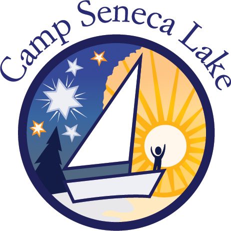 Blue and yellow logo of sailboat in front of pine tree, stars, and sun.